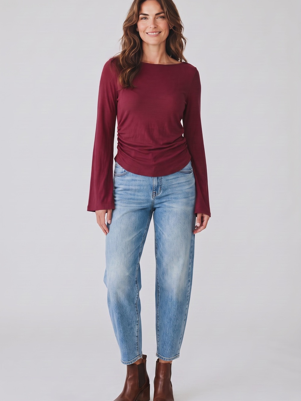 Pretty Garden Long-Sleeve Boatneck Top in Deep Burgundy